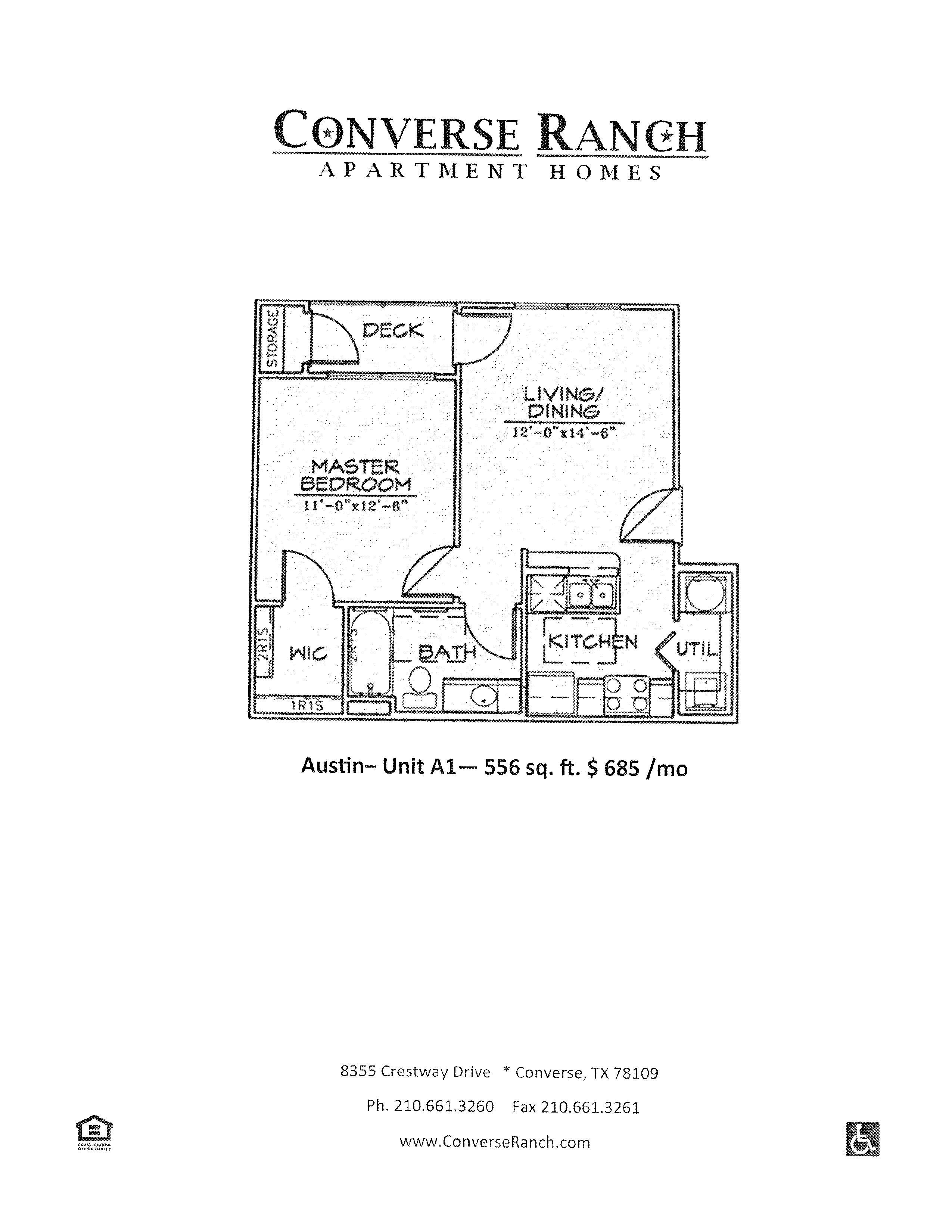 Floor plan for 1 bed, 1 bath, 556 sqft